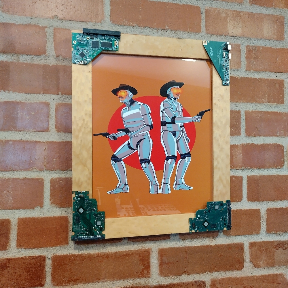 2 Cyborg Westworld Cowboys With Guns Vintage Looking Frame by Neon Nicho
